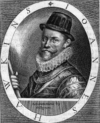 Portret Sir Johna Hawkinsa (Hawkynsa), angielskiego admirała (1532-1595), znanego jako pierwszy handlarz czarnymi ludźmi. Odbył kilka podróży, finansowanych przez londyńskich kupców, między Afryką a Amerykami. Rycina z 1620 roku.