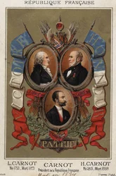 portrety francuskiego polityka Lazare Carnota (1753-1823), Hyppolite Carnot (1801-1888) i Sadi Carnot prezydenta Republiki Francuskiej.