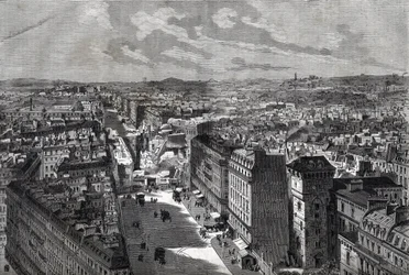 Wielkie Dzieła Haussmanna - Przemiany Paryża w okresie II Cesarstwa, Paris Haussmannien (bulwar, prace Haussmanniena) - Le piercing de rue Etienne Marcel- od rue Turbigo do Place des Victoires - grawer w „Le journal illustrious”” 1