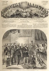 wizyta Wilhelma, króla pruskiego, u Napoleona III, cesarza Francuzów, w Compiegne, Francja 1861 - Wizyta Wilhelma I Pruskiego (1797-1888) w Compiegne w obecności Napoleona III - Rycina z „” Znakomity Wszechświat”