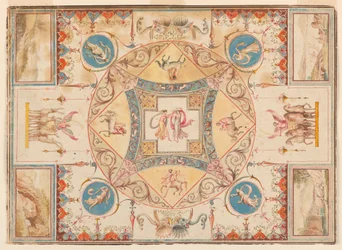 Rysunek przedstawiający sufit w willi Hadriana z nimfami, centaurami, jeleniami i słoniami, ok. 1785 r.