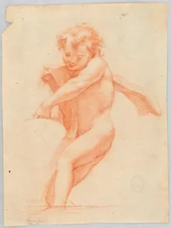 Rysunek, dziecko podtrzymujące przedmiot lub konstrukcję, 1750-1800