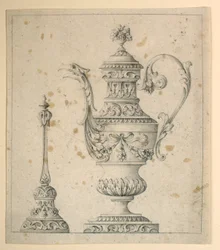 Rysunek, zdobiony dzbanek i dzwonek ręczny, 1860-80