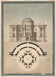 Rysunek przedstawiający klasyczną świątynię z Tempietto i półokrągłą Aedicule, ok. 1780 r.
