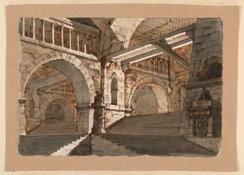 Rysunek, scenografia, podziemne schody i galerie ufortyfikowanego pałacu, ok. 1800 r.