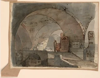 Rysunek, scenografia, podziemna sklepiona przestrzeń z grobowcami, początek XIX wieku
