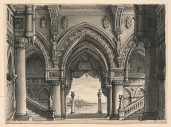 Rysunek, scenografia, widok z pałacu w Wenecji, 1832 r.