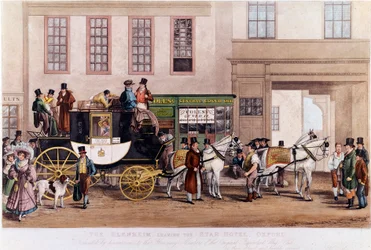 Pracowitość przed hotelem Star”” w Oksfordzie w 1831”” Grawerunek z XIX wieku.