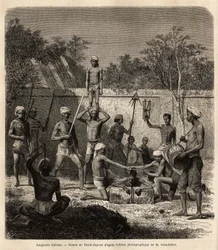 Grupa indyjskich żonglerów. Rycina ilustrująca podróż w południkowe prowincje Indii, autorstwa Alfreda Grandidiera, w latach 1862-1864, opublikowana w „”le tour du monde””, pod kierunkiem D