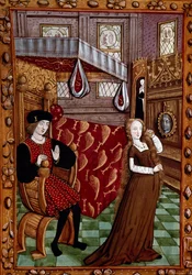 Para w sypialni, kobieta ubiera Miniaturę z „Histoire de Jean III de Brush et de son wife Louise de Laval” (ms. 1475, k. 6r) Chantilly, Musee Conde