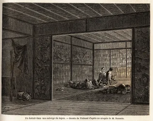 Akademik w zajeździe w Japonii. Rycina ilustrująca podróż do Japonii w latach 1863-1864, autorstwa Aime Humberta, ministra Konfederacji Szwajcarskiej, w „Le tour du monde, nouveau journal des voyages”, wydanej pod kierunkiem Edouarda Chartona