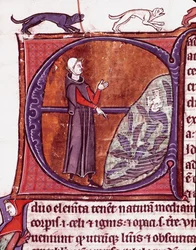 Mnich przed stawem, syrena reprezentowana wśród ryb miniaturowych zaczerpniętych z rękopisu „Speculum historiale” (Historia lustrzana) Vincenta de Beauvais (1184/94-1264) Laon XIII w., biblioteka miejska