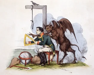 Scena na wyspie Elba: Napoleon przed szubienicą z diabłem - w „”Napoleon I, karykatury, kolekcja manekinów””, ok. 1900. 1814
