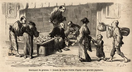 Sprzedawca nasion na środku ulicy. Rycina ilustrująca podróż do Japonii w latach 1863-1864, autorstwa Aime Humberta, ministra Konfederacji Szwajcarskiej, w „Le tour du monde, nouveau journal des voyages” wydanej pod kierunkiem Edouarda Chartona