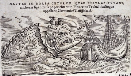 Wieloryb pomylony z wyspą. Dwie osoby rozpalają ogień na grzbiecie morskiego potwora. Grawerowanie i Historia Animalium autorstwa Conrada Gessnera (1516-1565), Tiguri