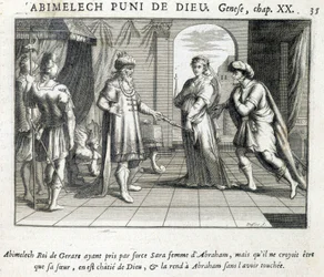 Abimelech daje Sarę Abrahamowi - Biblia, rycina