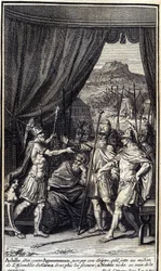 Achilles, zirytowany Agamemnonem, przysięga na swoje berło, że rzuca w środek zgromadzenia Greków, aby im nie pomagać; i plamy Nestora na próżno, aby ich ułagodzić. Ilustracja do księgi I Iliady Homera, wydanie francuskie