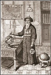 Adam Schall, astronom (1592-1666) w stroju mandarynki, z kulami ziemskimi i niebieskimi oraz astrolabium - w „Chiny” Athanase Kircher (lub Athanasius Kircheri)