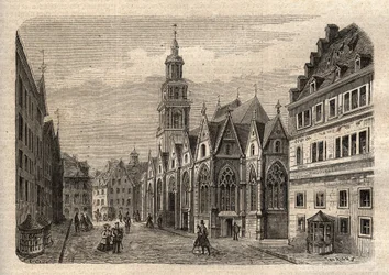 Aegidienkirche (Hannover) Niemcy - Hanower Kościół Aegidien, zniszczony podczas II wojny światowej - Hanower - Aegidienkirche - grawerowanie w ""Ilustracyjnym Słowniku Ludowym" - 1864 - Joseph Decembre i Edmond Allonier -