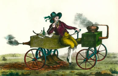 Rolnictwo: scena orki maszyną parową w 1834 r. Anonimowy rycina z 1834 r. Zbiory prywatne