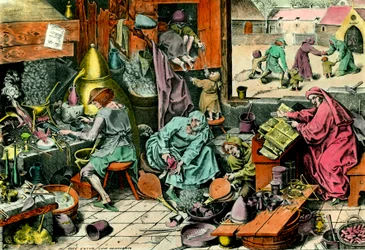 Laboratorium Alchemiczne Alchemik konsultujący grymuar. Rycina XVI-wiecznej kolekcji prywatnej