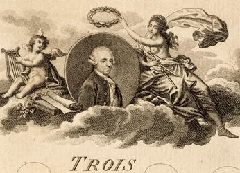 Alegoria Franza Josepha Haydna (1732-1809) na stronie tytułowej partytury Trzech kwartetów, Opus 75, Księga I