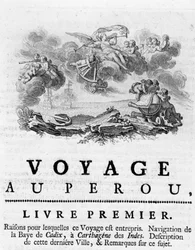 Alegoria „Podróży do Peru””. Ilustracja w „Historical Journey of America Meridionale made by Order of the King of Spain””, autorstwa Don Georges Juan i Don Antoine de Ulloa, Librairie du Roi, Paryż