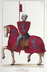 Amaury VI, hrabia Montfort (v.1192-v. 1241), utracił część podbojów swego ojca Szymona IV i scedował swoje prawa na południe królowi Francji Ludwikowi VIII. Grawerowanie z 1830 roku.