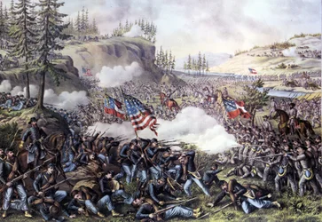 Wojna secesyjna (1861 - 1865): Bitwa pod Chickamauga (Gruzja) 18-20 września 1863. Rycina XIX wieku.
