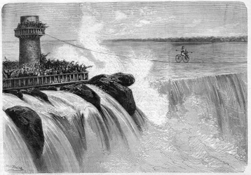 Amerykański Jenkins przekraczający wodospad Niagara na Velocipede w 1869 roku.