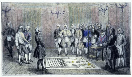 Loża uczniowska w Paryżu, około 1740: scena przedstawia przyjęcie „ucznia” wolnomularza (na podłodze obraz loży uczniowskiej) - według ryciny z epoki.