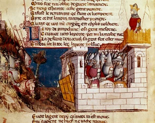 Armia (od króla Pampeluny?) ukrywa się w zamku i wspina się po miniaturowym moście Levisów z „”Entree of Spain””. Wenecja z XIV wieku, Biblioteca Marciana.