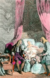 Lekarz-obserwator Kobieta, która jest chora lub już nie żyje, jest otoczona przez rodzinę i lekarza. Dzieci płaczą. Grawer około 1780 r. Paryż, Akademia Medyczna