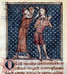Figura anatomiczna: lekarz badający oko pacjenta. Miniatura z rękopisu „Chirurgia” (Folio 17v) autorstwa Henri de Mondeville (chirurg profesora anatomii Philippe Le Bel)