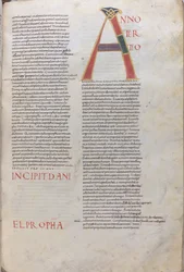 Anno tertio: Incipit Daniel Propha.Incipit Księgi Proroka Daniela, XI wiek (miniatura, rękopis błoniasty)