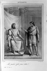 Antygona Akt II, scena 1. Tragedia włoska Vittorio Alfieri napisana w 1783 roku według mitologii greckiej. Rycina z XVIII wieku.