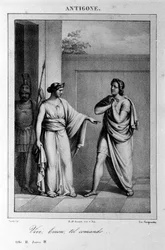 Antygona Akt I, scena 3. Włoska tragedia Vittorio Alfieri napisana w 1783 roku według mitologii greckiej. Rycina z XVIII wieku.