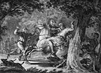 Zabójstwo Childeryka II, 675: król Franków (około 653-675) został zabity w lesie Lognes przez Bodillona, pana, którego kazał wychłostać. Rycina z XVIII wieku.