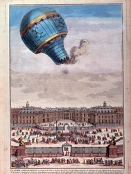 Lot balonem: doświadczenie braci Montgolfier przed zamkiem w Wersalu we wrześniu 1783 r. Rycina z XVIII wieku. Paryż, B.N.