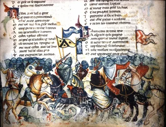 Scena bitwy. Miniatura z „Roman de Troie” Benoîta de Sainte-Maure. XIV wiek, Biblioteca Marciana, Wenecja.
