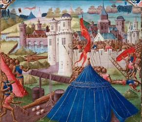 Scena bitewna Miniatura Kartaginy z „” Historii Rzymu”” (Ad urbe condita) Tite Live (59 pne-17 ne) (Titus Livius), przekład Pierre Bessuire 1450-1500 Chantilly, Musee Conde