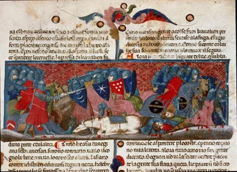 Scena bitwy, starcie wojowników w zbrojach Fragment strony rękopisu „Fakty Rzymian” (Ms. 1538) ok. 1340 r. Florencja, Biblioteca Riccardiana
