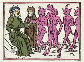 Proces Beliala: „Demon Belial w towarzystwie czterech innych demonów staje przed sędzią Salomonem”. Rycina z „Procesu Beliala” Jacobusa de Teramo (lub Palladina), Augsburg