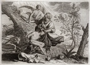 Biblia Royaumont, Stary Testament: Ofiara Abrahama. Anioł trzyma rękę Abrahama przed ofiarą jego syna Izaaka. Po lewej stronie, wierzący, Abraham, zamiast tego zabije. Ilustracja z 1811 roku.