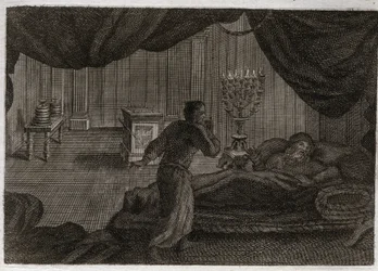 Biblia Royaumont, Stary Testament: Samuel podaje Heli. Anna (Hanna) poświęciła małego Samuela Panu i przekazała go arcykapłanowi Heli. Samuel, który w środku nocy słyszy głos pana wołającego go w środku nocy, myśli, że to jego mentor