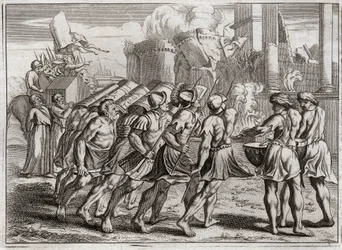Biblia Royaumont, Stary Testament: Wzięte z Jerycha. Mury Jerycha upadają na ziemię na dźwięk trąb Kapłanów, którzy poprzedzali Arkę Przymierza Pańskiego. Ilustracja z 1811 roku.