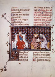 Blanche de Castille, królowa Francji (1188-1252), kierująca edukacją jej syna Ludwika IX (1214-1270) (Miniatura św. Ludwika z rękopisu „Życie i cuda św. Ludwika” Wilhelma z Saint Pathus. 1320. Paryż , B.N.