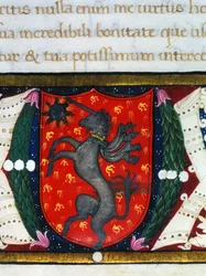 Blazon zdobi jednorożca, gwiazdę na czerwonym tle. Szczegół miniatury. 14 wiek