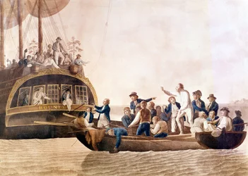 Kapitan William Bligh (1754 - 1817) z Bounty porzucony przez jego załogę.