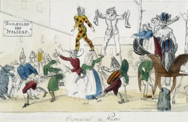 Karnawał w Paryżu, bulwar włoskich - rycina z XVIII wieku, Carnavalet.